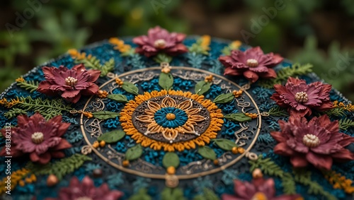 Floral mandala with nature-inspired elements.