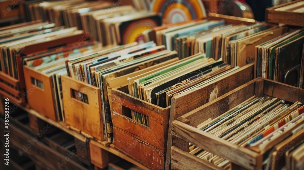 Fototapeta premium Vintage Records in Wooden Crates