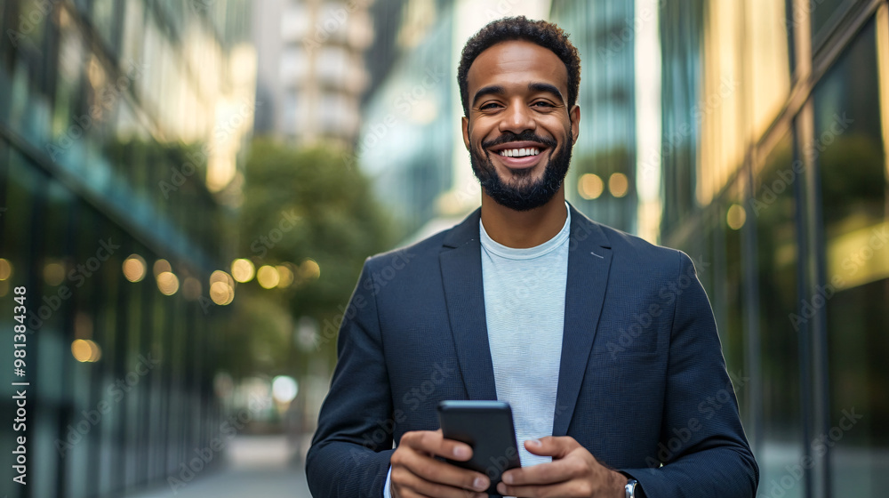 Young manager happily strolling through the business district with smartphone in hand Young manager happily strolling through the business district with smartphone in hand