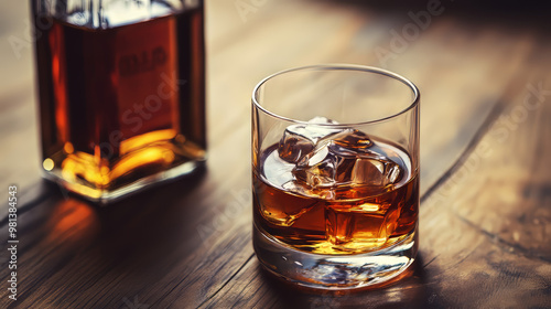 A glass of chilled whiskey sits on a wooden table, the focus on the drink. A full bottle of whiskey rests nearby.