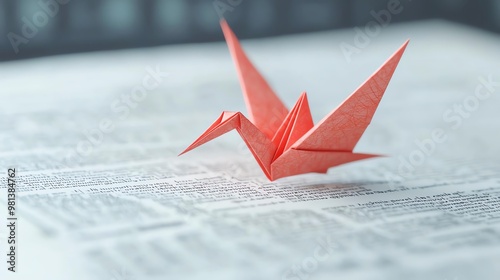 A delicate red origami crane rests on a textured page, symbolizing peace and creativity. photo