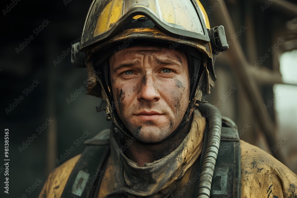 portrait of dirty firefighter man wearing his helmet and rescue uniform portrait of dirty firefighter man wearing his helmet and rescue uniform
