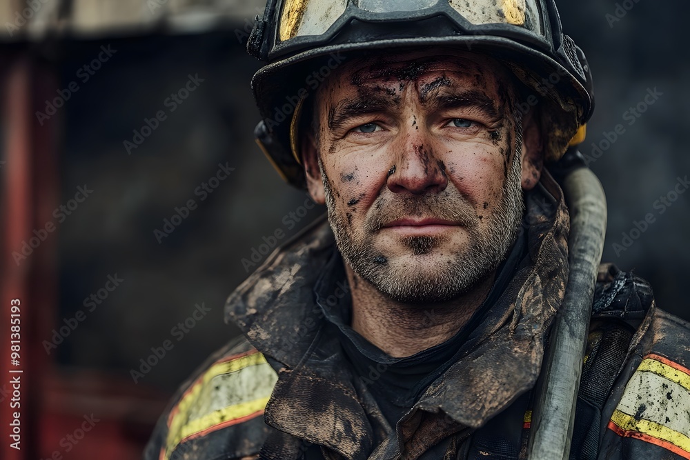 portrait of dirty firefighter man wearing his helmet and rescue uniform portrait of dirty firefighter man wearing his helmet and rescue uniform