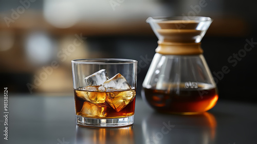 A glass of whiskey with ice sits on a black table, next to a carafe of hot coffee.