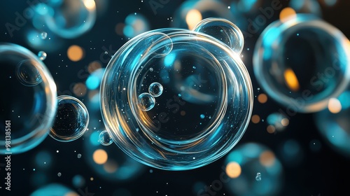 Wallpaper Mural A vibrant depiction of floating bubbles against a dark blue background, filled with glowing particles, This image is perfect for concepts related to science, purity, or calming aesthetics, Torontodigital.ca