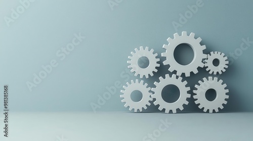 Gears rotating in perfect harmony within a clean framework, symbolizing collaboration and team organization