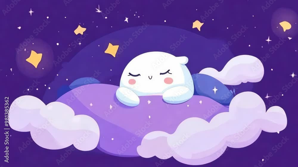 Adorable cartoon character resting on a cloud in a dreamy night sky Adorable cartoon character resting on a cloud in a dreamy night sky