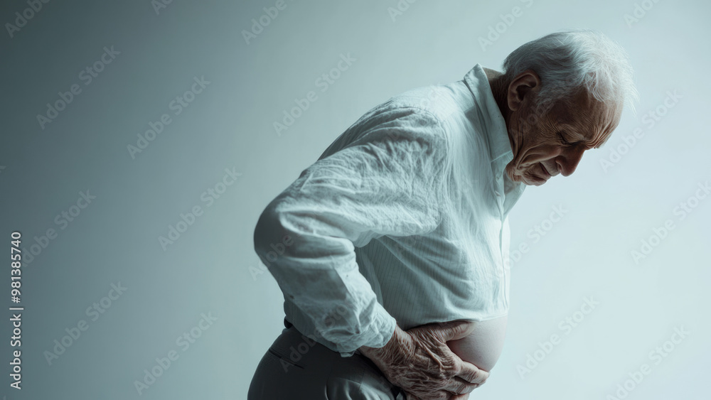 An elderly man holding his stomach in pain on a light background An elderly man holding his stomach in pain on a light background