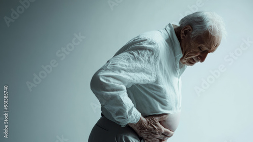 An elderly man holding his stomach in pain on a light background