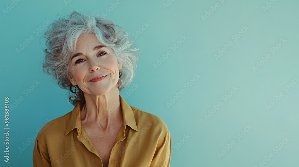 Portrait of a beautiful senior woman with grey hair smiling on a turquoise background with copy space Portrait of a beautiful senior woman with grey hair smiling on a turquoise background with copy space