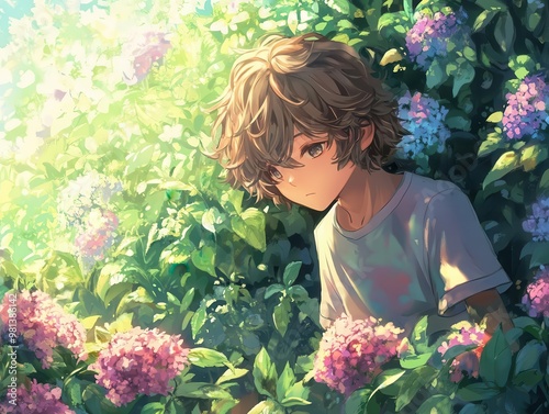 animestyle portrait wistful boy in lush flower garden romantic atmosphere