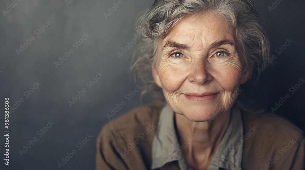 Joyful senior woman with grey hair and wrinkles smiles confidently in a serene setting, radiating contentment and wisdom