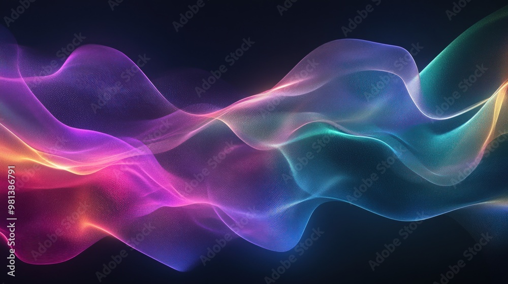 Abstract wave of glowing neon colors on a dark background.