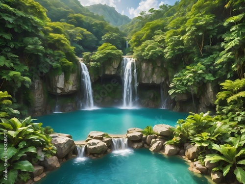 A majestic waterfall cascading over rocks into a crystal-clear pool, surrounded by lush greenery