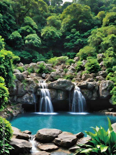 A majestic waterfall cascading over rocks into a crystal-clear pool, surrounded by lush greenery