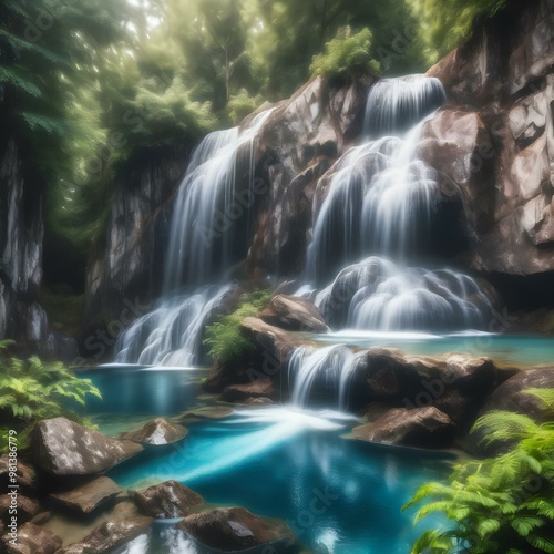 A majestic waterfall cascading over rocks into a crystal-clear pool, surrounded by lush greenery