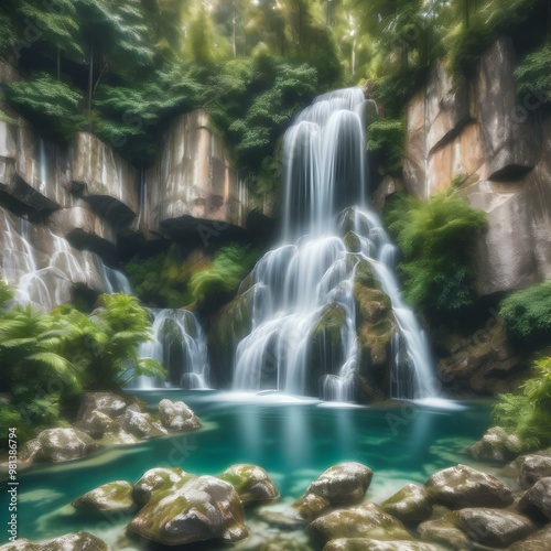 A majestic waterfall cascading over rocks into a crystal-clear pool, surrounded by lush greenery