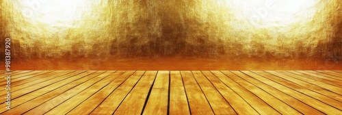 The golden backdrop paired with a wooden floor sets a warm and welcoming tone for events and gatherings photo