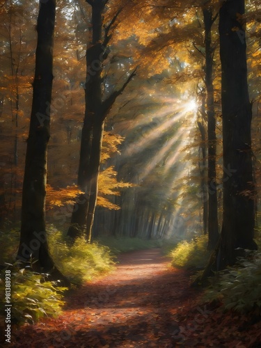 A peaceful forest trail with sunlight streaming through tall trees and a carpet of fallen leaves