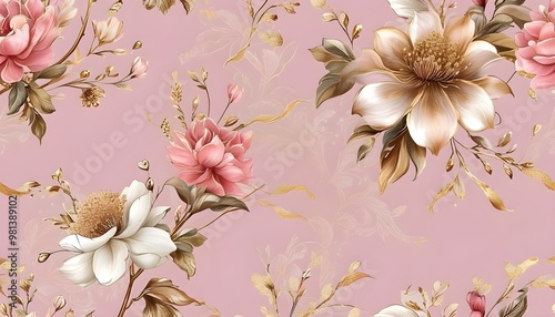 Luxurious ornate floral patterns with gold accents on soft pink, perfect for romantic occasions, backdrops, high-end branding, and exquisite textile prints.