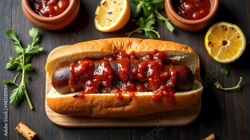 Traditional Boerewors Roll with Tomato Sauce and Fresh Garnishes (South African Cuisine)