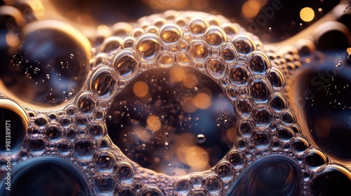 Close-up of bubbles intertwined in a mesmerizing pattern, capturing the interplay of light and reflections, Ideal for use in graphics, digital art, or as a background in creative projects,