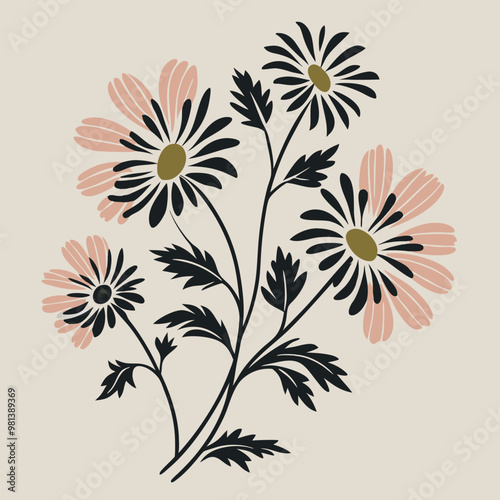 a black and white silhouette of a bunch of flowers. The flowers are daisies with five petals each and a yellow center. The stems and leaves are long and thin, with a few small buds