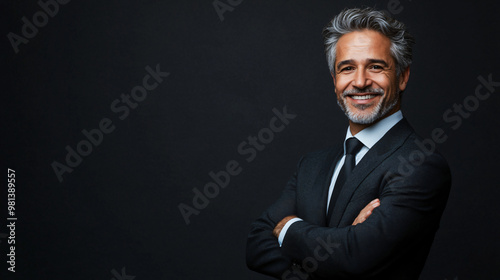 Smiling mature businessman with gray hair and a beard standing with folded arms against a black background