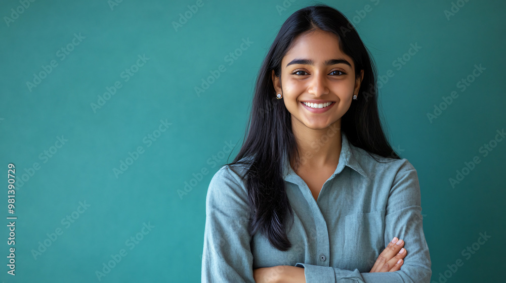 Young indian woman happily poses with folded arms against a green backdrop