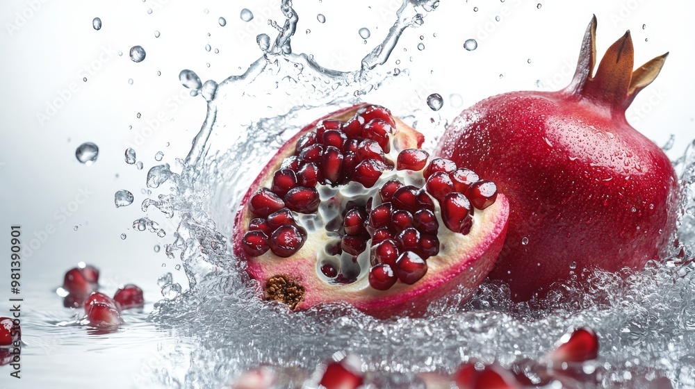 Pomegranate Splashing in Water with Seeds and Bubbles Pomegranate Splashing in Water with Seeds and Bubbles