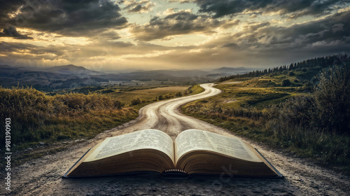 Open book leading to country road at sunset - journey concept