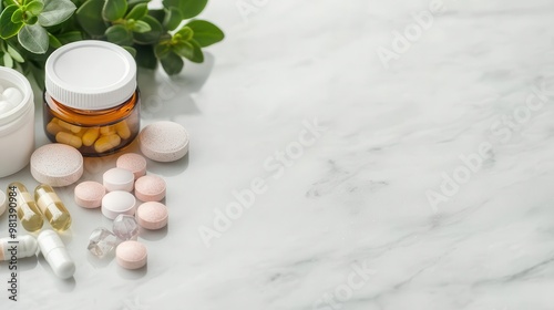 Flatlay of natural supplements and healing crystals on marble, homeopathy, combining alternative medicine with spiritual wellness