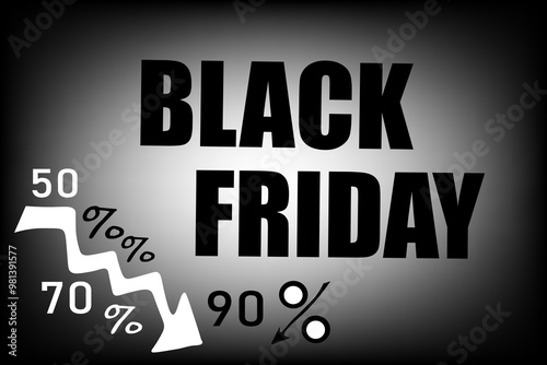 A Black Friday sale banner with an image indicating various percentage discounts on a dark background.A big promotional discount. The concept of a major sale.Advertising flyer.Special offer.Discounts.