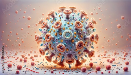Detailed 3D representation of Herpes Simplex Virus, known for causing cold sores and genital herpes.