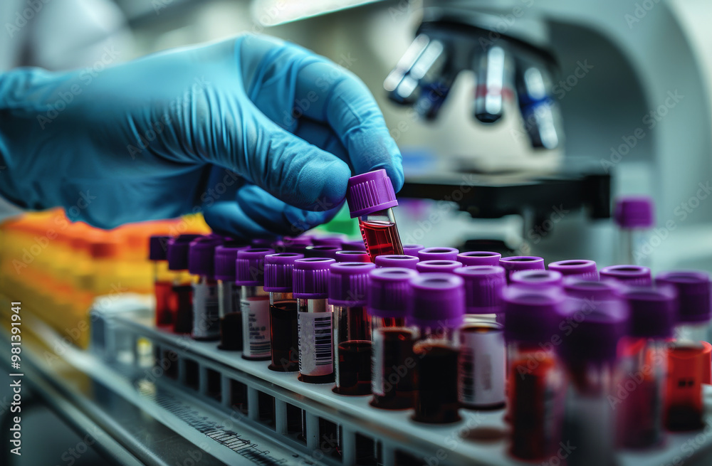 A gloved hand selects a red blood sample tube in a hospital laboratory ...
