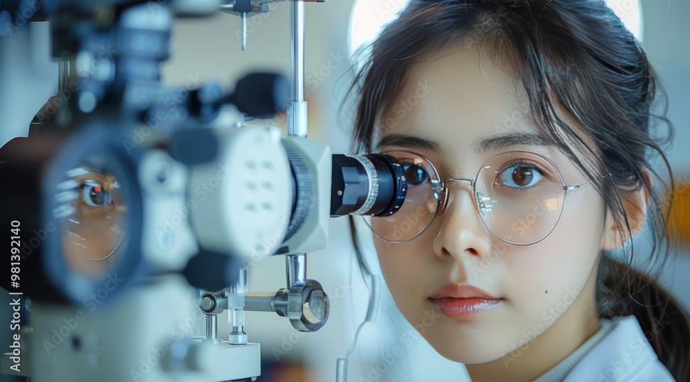 A young woman receives an eye examination at a modern clinic with a healthcare professional