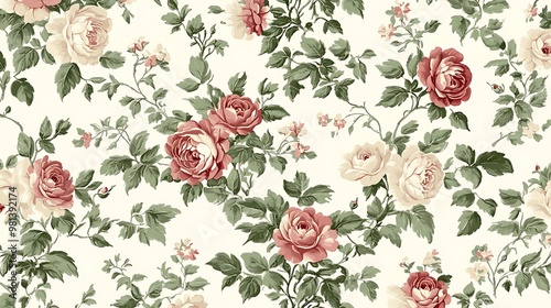 A floral wallpaper design with delicate roses and vines