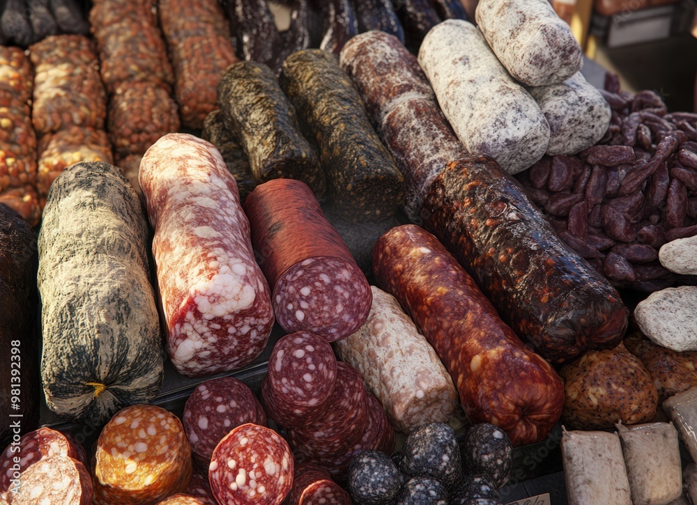 A pile of various sausages, including black pudding and circular salami with visible meat texture, displayed on the market table. Sausages made from red meat with black sausages of red deer or rabbit A pile of various sausages, including black pudding and circular salami with visible meat texture, displayed on the market table. Sausages made from red meat with black sausages of red deer or rabbit