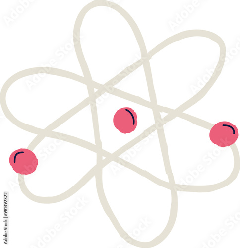 An atom with three pink electrons orbiting around the center on grey elliptical paths