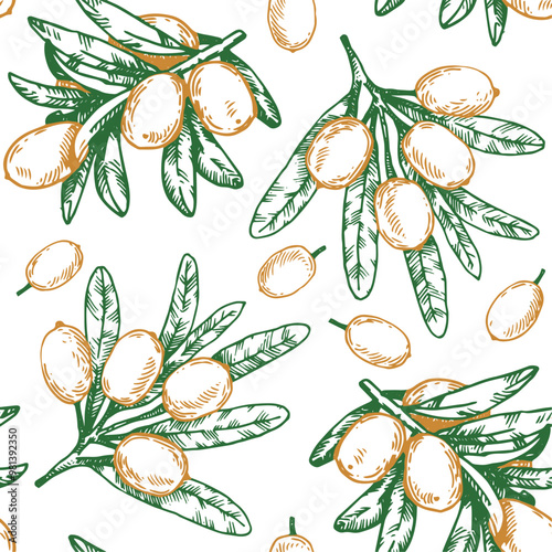 seamless pattern with sea buckthorn berries. vector print in sketch style