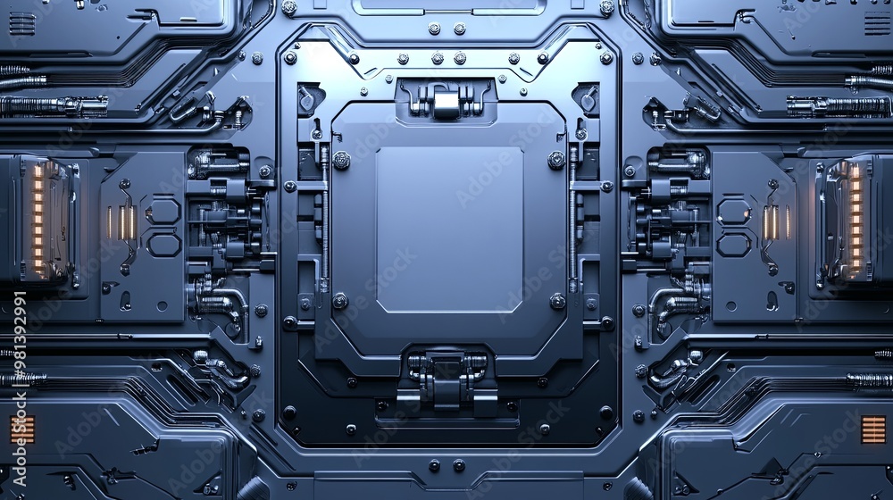 Fototapeta premium A futuristic, metallic panel showcasing intricate circuitry and technology design, suggesting advanced industrial applications.