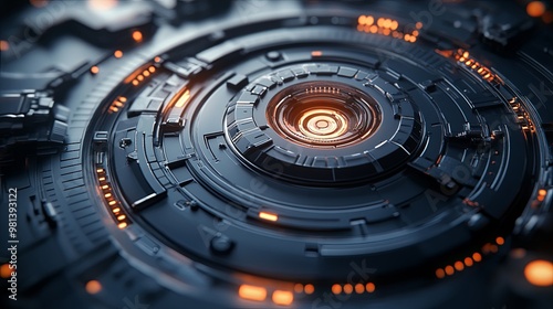 A close-up view of a futuristic, circular technology interface with glowing orange elements, suggesting advanced machinery.