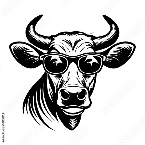 a black and white illustration of a cow's head. The cow has two large horns on its head and is wearing a pair of sunglasses
