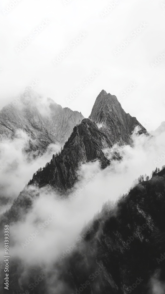 Obraz premium cool phone desktop nature background, mountain top birds eye view, black and white, 6:19