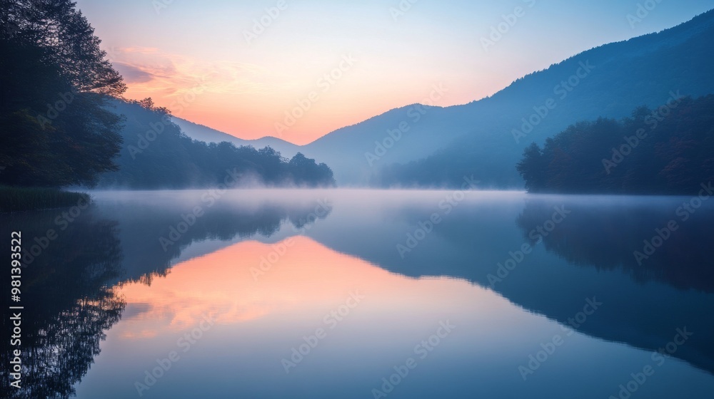 Obraz premium Tranquil Mountain Lake at Sunrise with Mist and Reflections