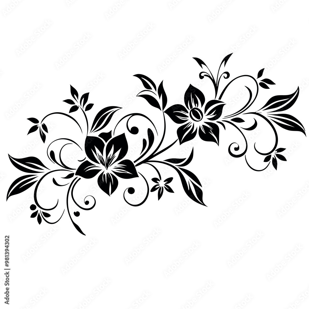 a black and white silhouette of a bunch of flowers. The flowers are daisies with five petals each and a yellow center. The stems and leaves are long and thin, with a few small buds a black and white silhouette of a bunch of flowers. The flowers are daisies with five petals each and a yellow center. The stems and leaves are long and thin, with a few small buds