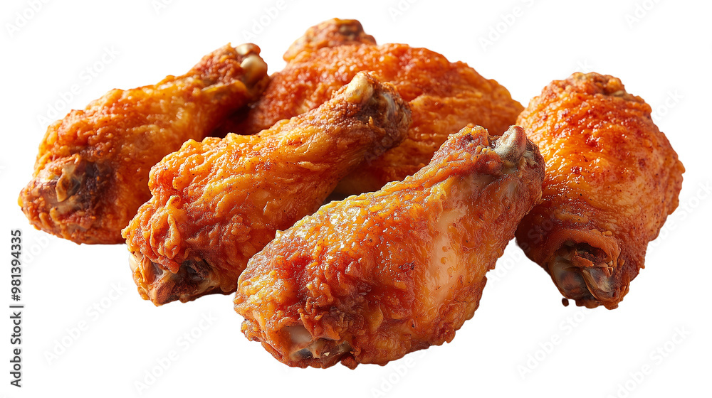 Fried chicken drumsticks and wings with a crispy, golden-brown texture, arranged on a plain PNG background Fried chicken drumsticks and wings with a crispy, golden-brown texture, arranged on a plain PNG background