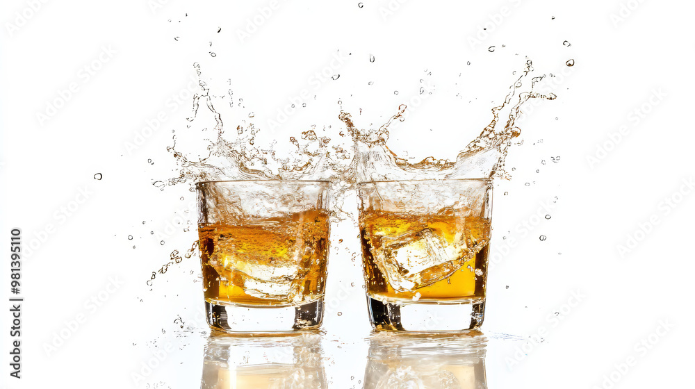 Two glasses of golden tequila are raised in a toast, creating a splash against a white backdrop. Two glasses of golden tequila are raised in a toast, creating a splash against a white backdrop.