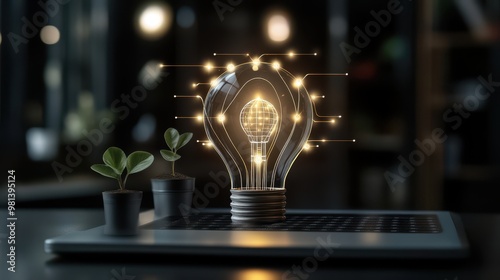 A glowing light bulb is creatively depicted on a laptop, surrounded by small plants, This image symbolizes innovation and growth, making it ideal for articles about creativity, technology