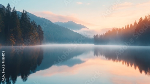 Misty Sunrise Over a Still Lake and Mountain Range